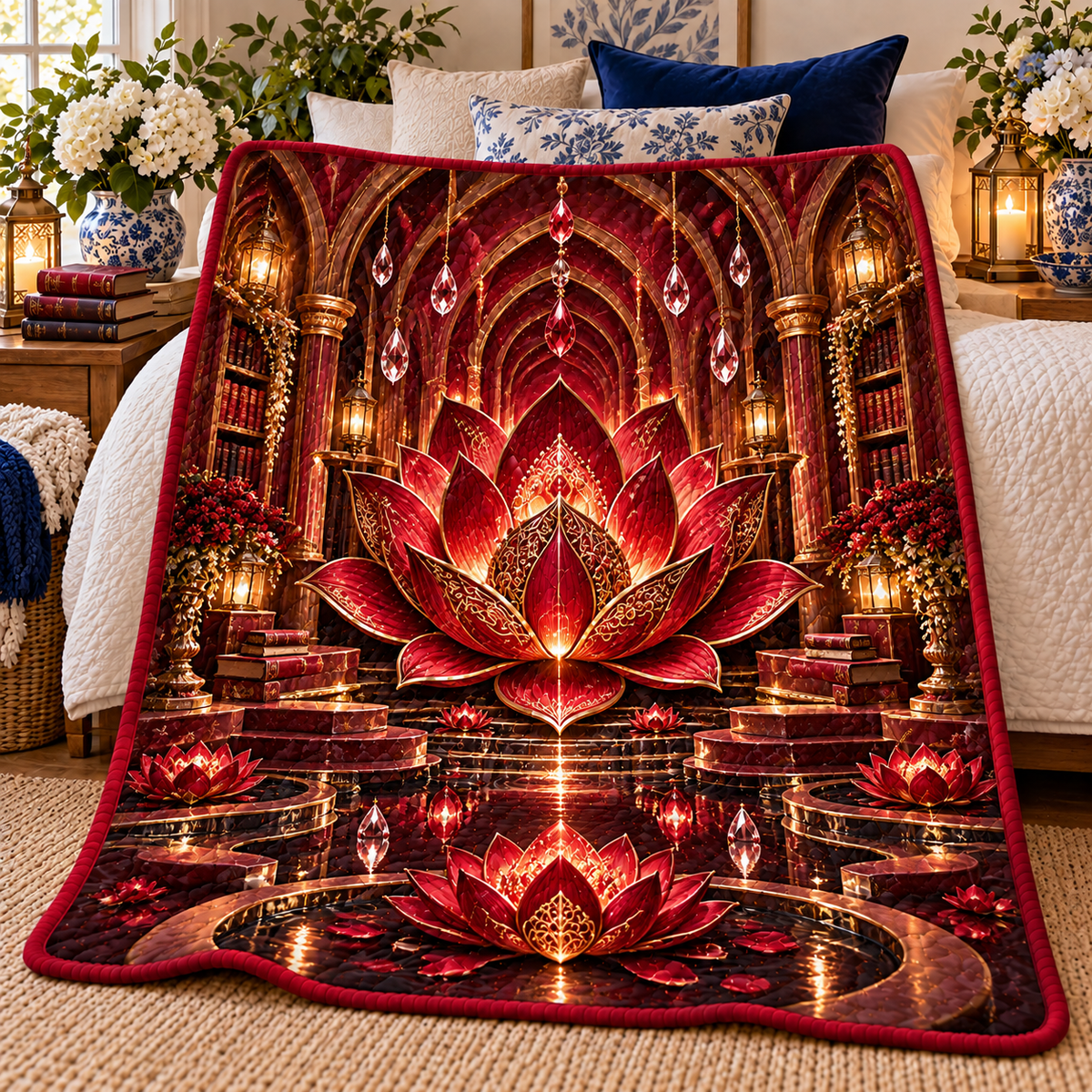 Red Lotus Reading Mandala Quilt Blanket with printed optical 3D artwork in its use setting