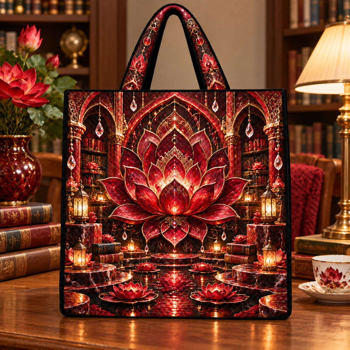 Red Lotus Reading Mandala Quilted Tote Bag with printed optical 3D artwork in its use setting