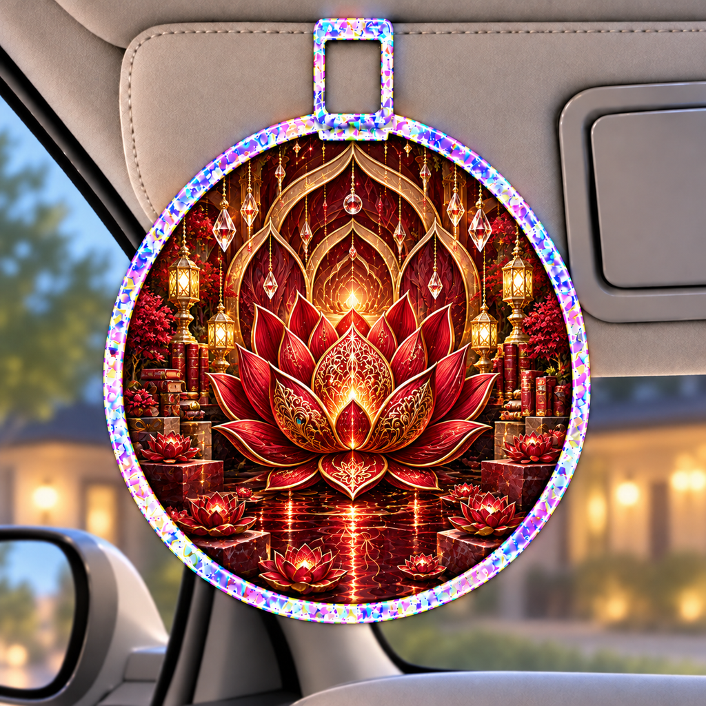 Red Lotus Reading Mandala Holographic Car Visor Clip with printed optical 3D artwork in its use setting