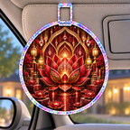 Red Lotus Reading Mandala Holographic Car Visor Clip with printed optical 3D artwork in its use setting