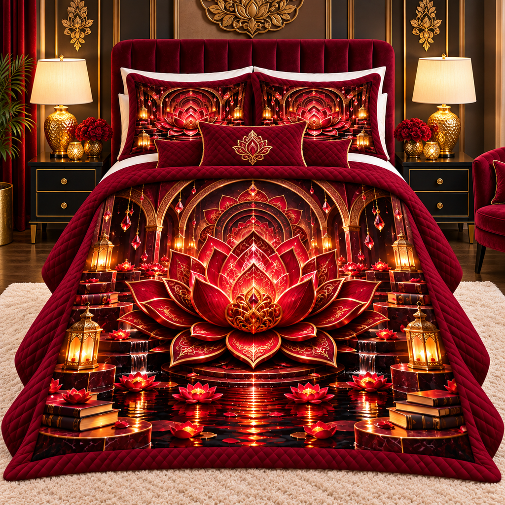 Red Lotus Royal Chamber Quilted Bedding Set with printed optical 3D artwork in its use setting