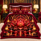 Red Lotus Royal Chamber Quilted Bedding Set with printed optical 3D artwork in its use setting