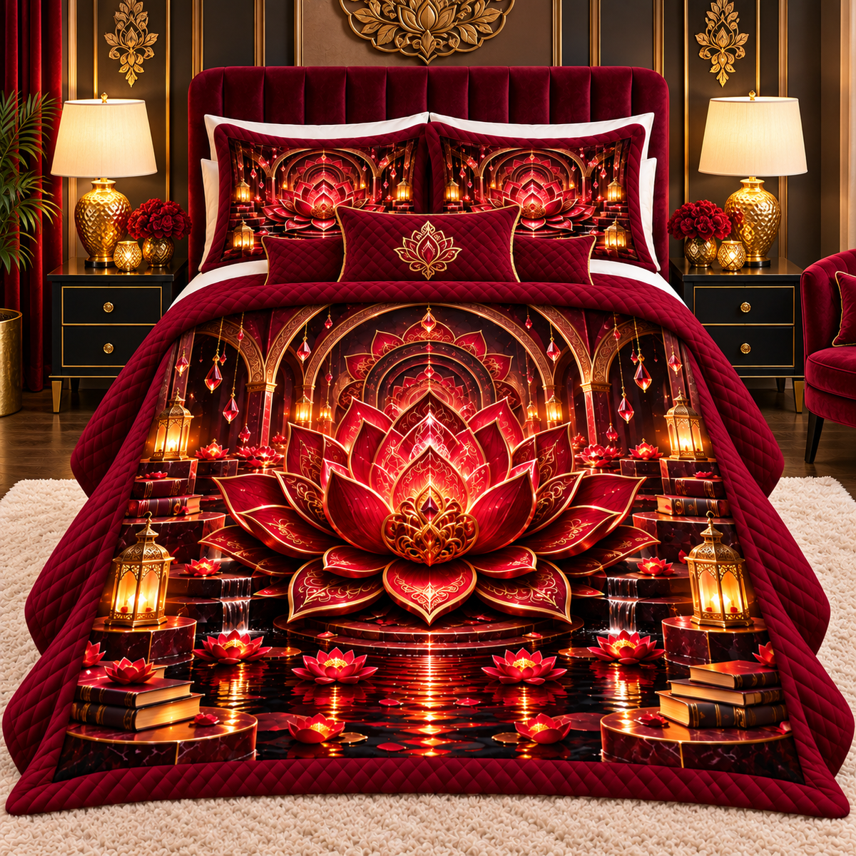 Red Lotus Royal Chamber Quilted Bedding Set with printed optical 3D artwork in its use setting