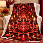 Red Lotus Royal Chamber Sherpa & Fleece Blanket with printed optical 3D artwork in its use setting