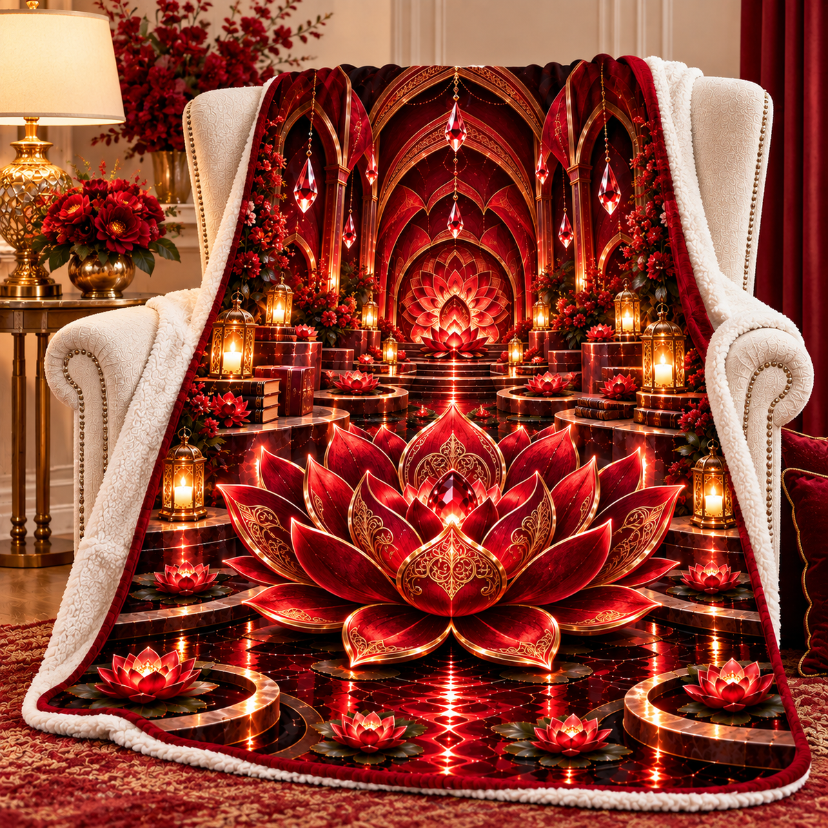 Red Lotus Royal Chamber Sherpa & Fleece Blanket with printed optical 3D artwork in its use setting