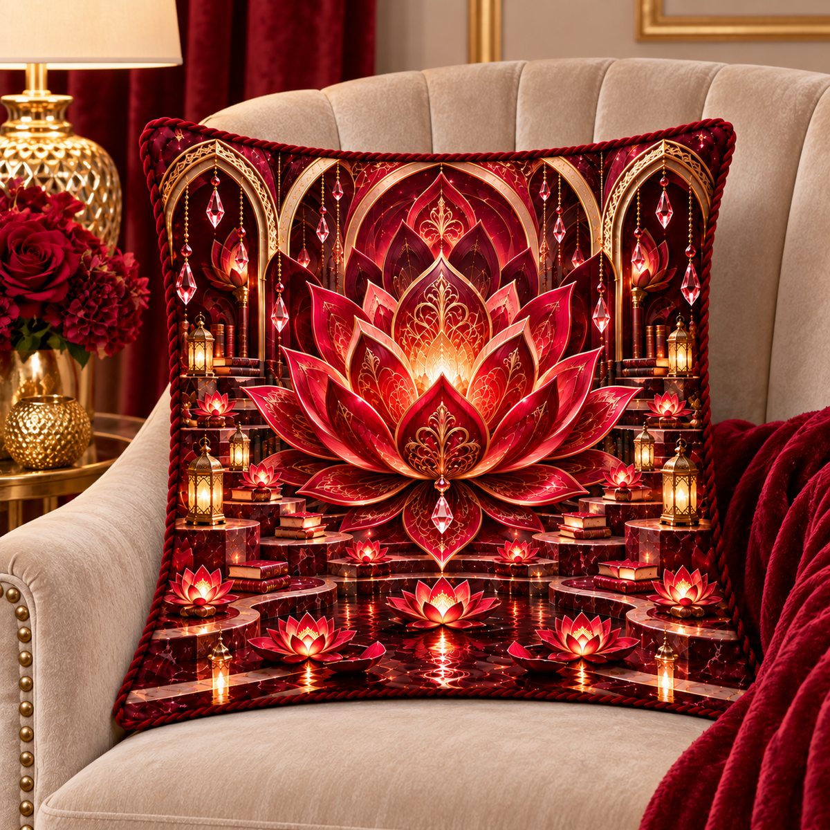 Red Lotus Royal Chamber Quilted Cushion Cover with printed optical 3D artwork in its use setting