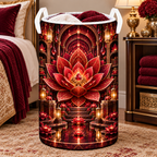 Red Lotus Royal Chamber Laundry Hamper with printed optical 3D artwork in its use setting