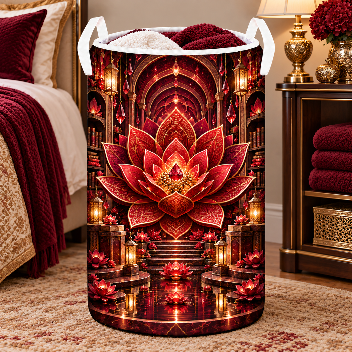 Red Lotus Royal Chamber Laundry Hamper with printed optical 3D artwork in its use setting