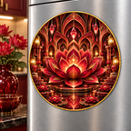 Red Lotus Royal Chamber Acrylic Refrigerator Magnet with printed optical 3D artwork in its use setting