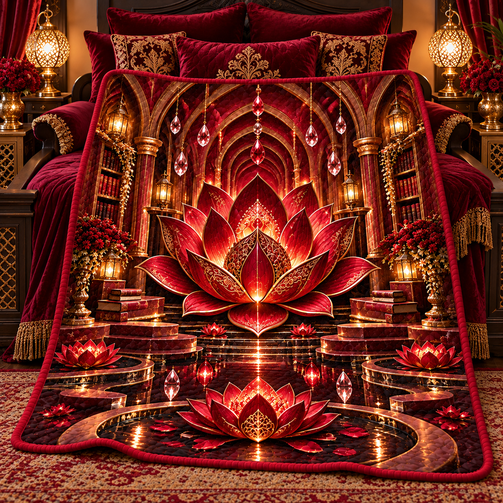 Red Lotus Royal Chamber Quilt Blanket with printed optical 3D artwork in its use setting