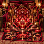Red Lotus Royal Chamber Quilt Blanket with printed optical 3D artwork in its use setting