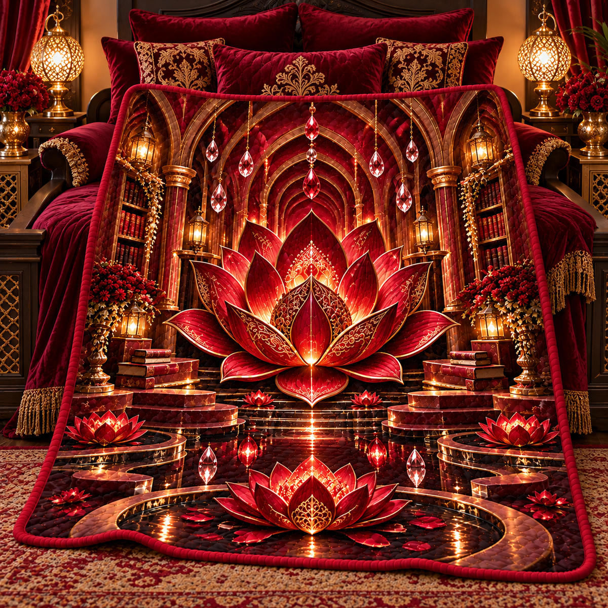 Red Lotus Royal Chamber Quilt Blanket with printed optical 3D artwork in its use setting