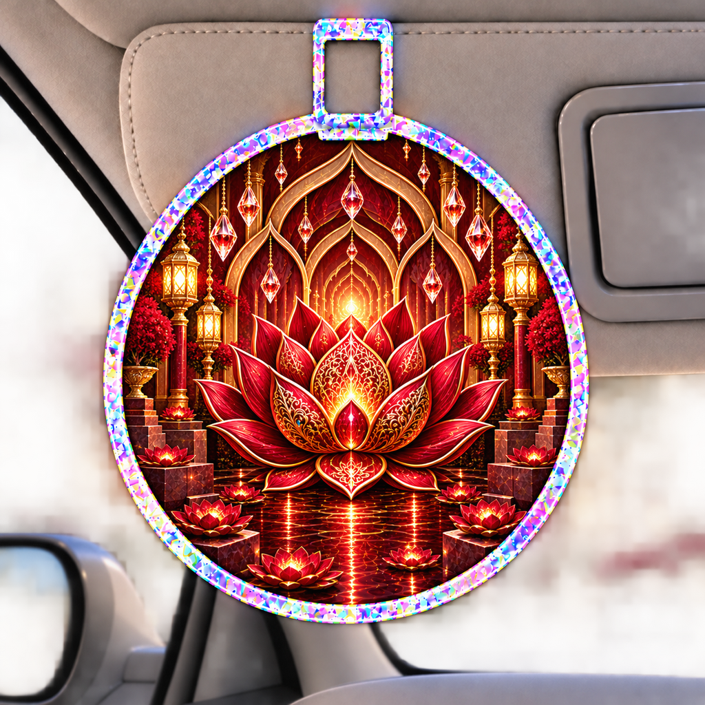 Red Lotus Royal Chamber Holographic Car Visor Clip with printed optical 3D artwork in its use setting