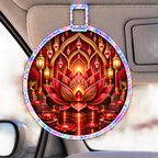 Red Lotus Royal Chamber Holographic Car Visor Clip with printed optical 3D artwork in its use setting
