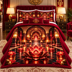 Red Lotus Grand Salon Quilted Bedding Set with printed optical 3D artwork in its use setting