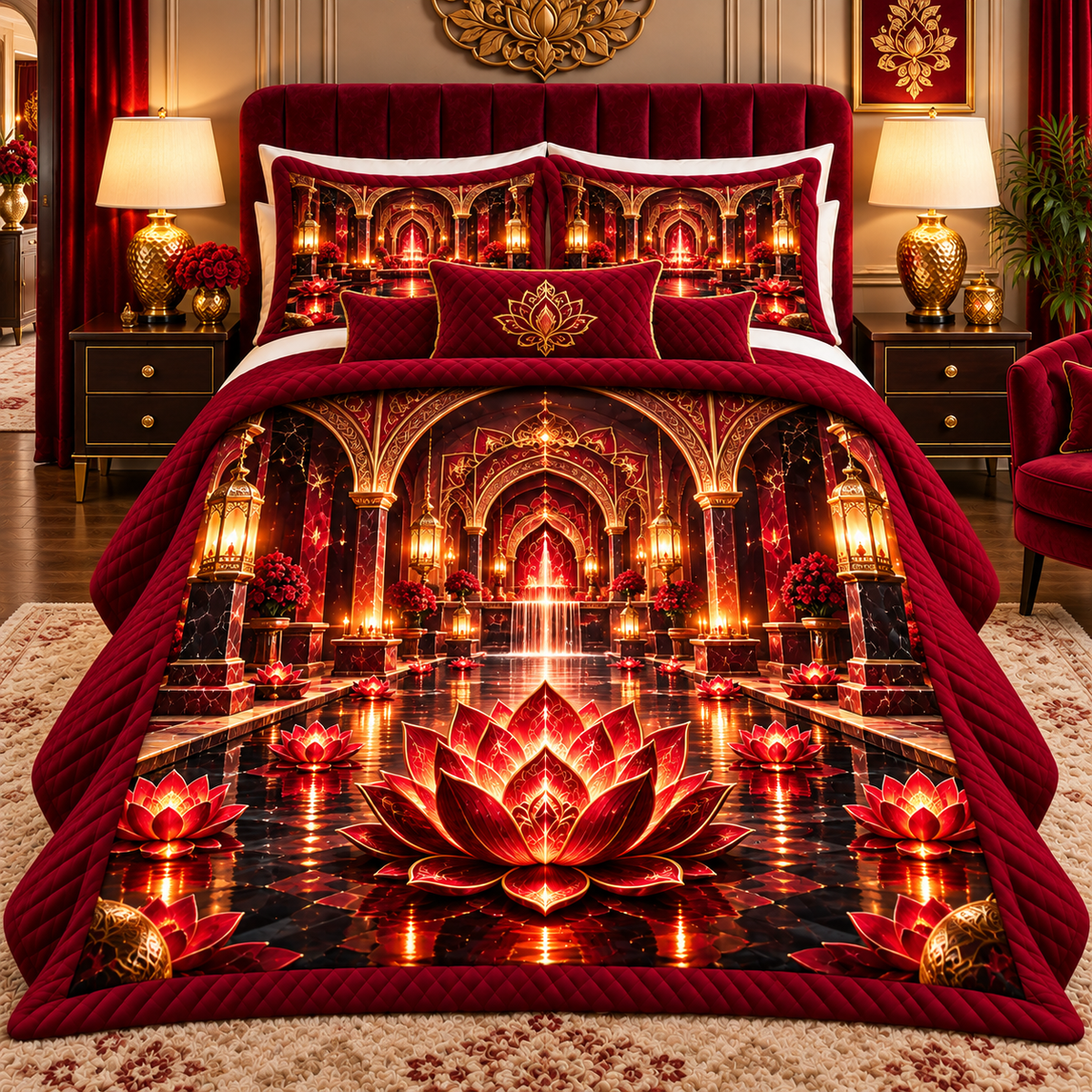 Red Lotus Grand Salon Quilted Bedding Set with printed optical 3D artwork in its use setting