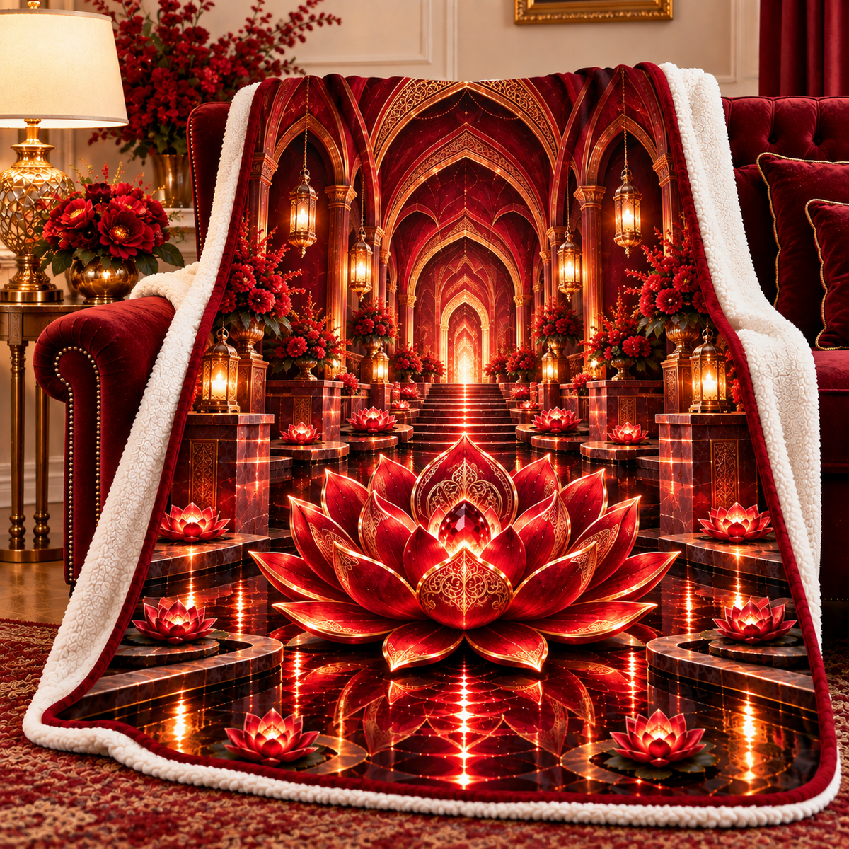Red Lotus Grand Salon Sherpa & Fleece Blanket with printed optical 3D artwork in its use setting