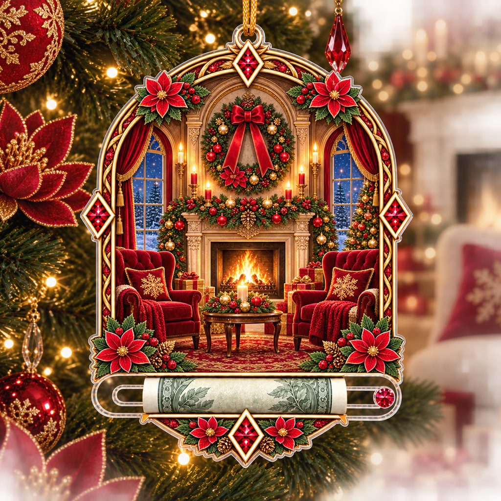 Red Lotus Grand Salon Acrylic Cash Holder Ornament with printed optical 3D artwork in its use setting