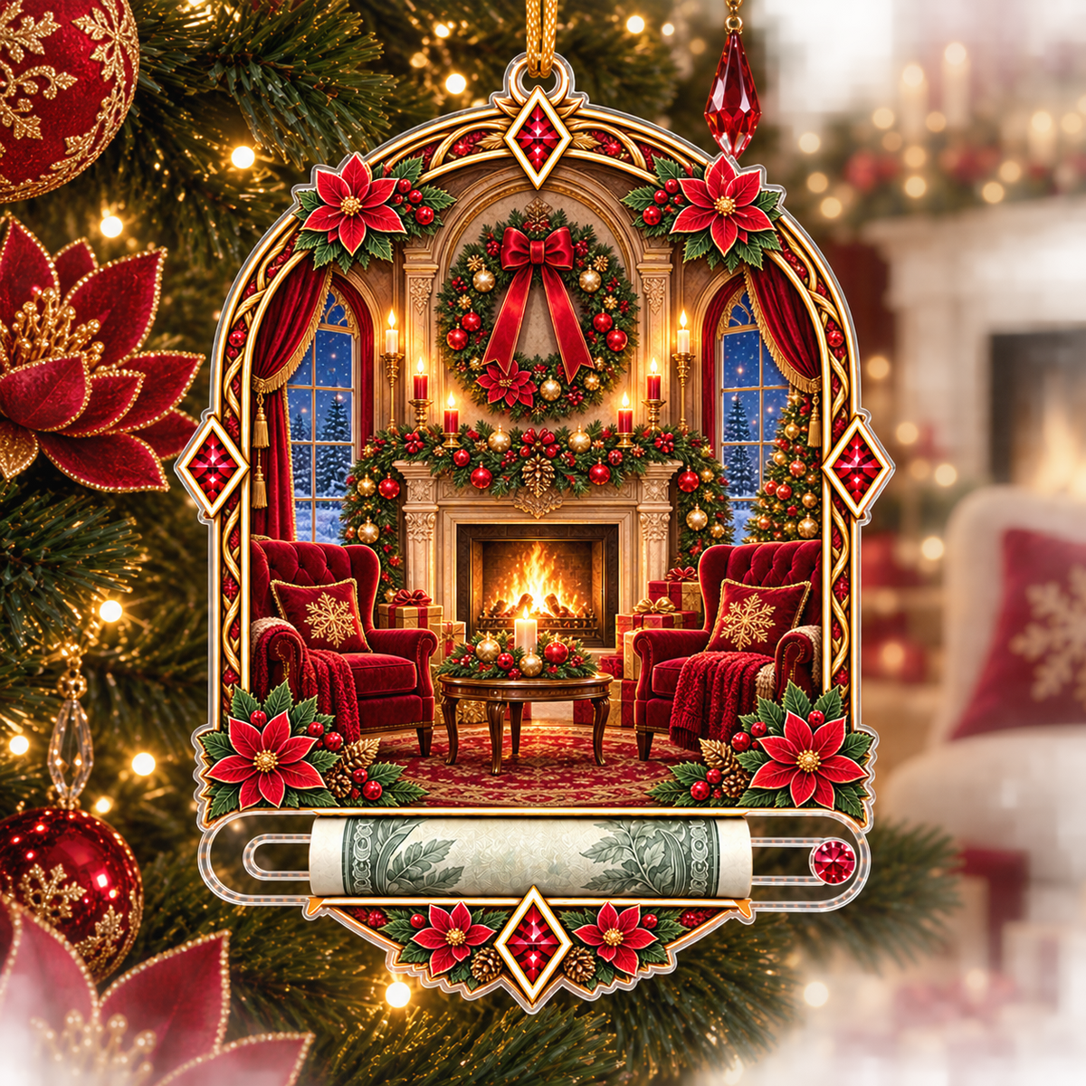 Red Lotus Grand Salon Acrylic Cash Holder Ornament with printed optical 3D artwork in its use setting