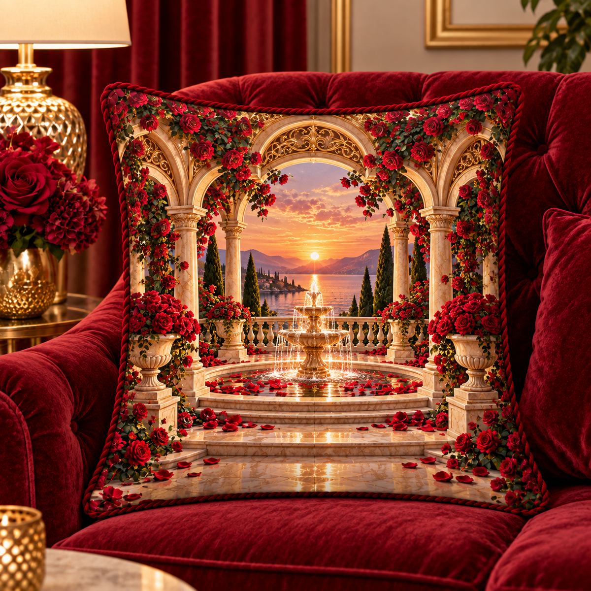 Red Lotus Grand Salon Quilted Cushion Cover with printed optical 3D artwork in its use setting