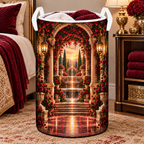 Red Lotus Grand Salon Laundry Hamper with printed optical 3D artwork in its use setting