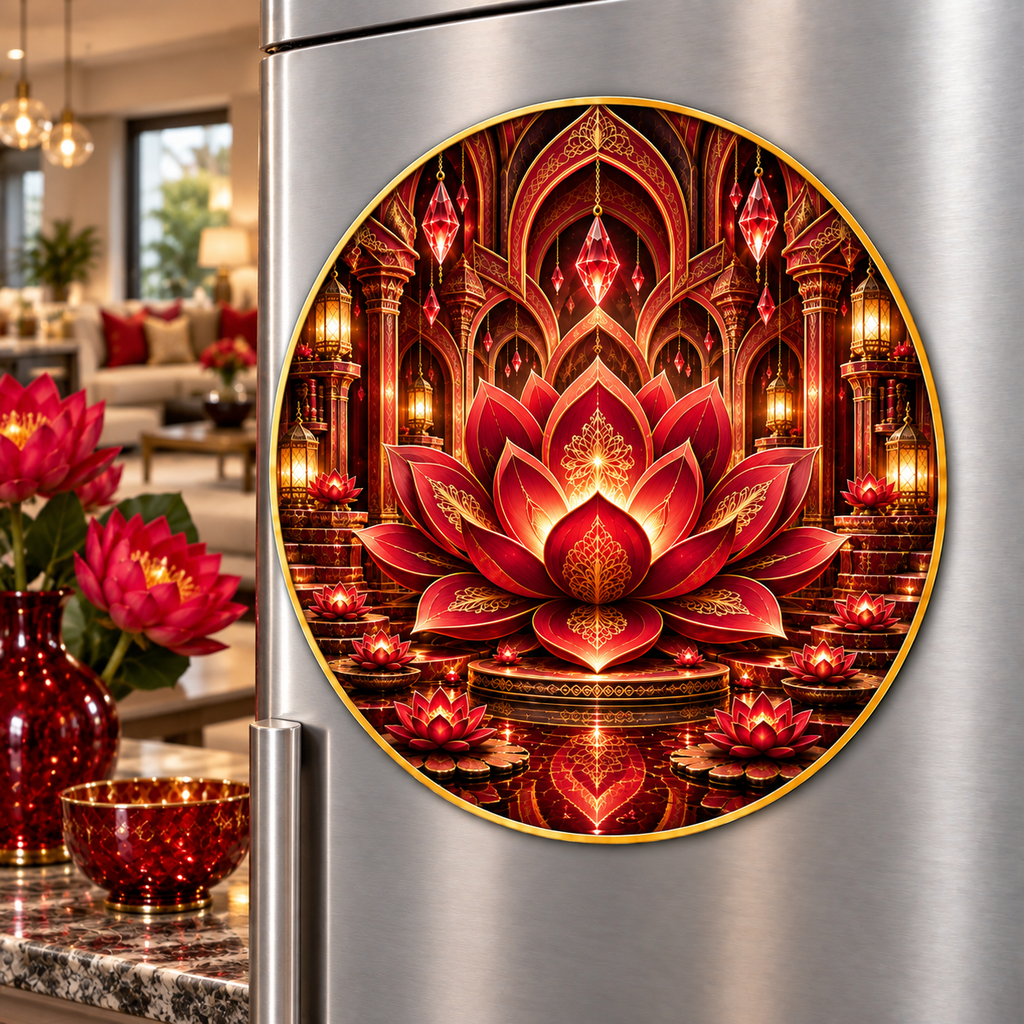Red Lotus Grand Salon Acrylic Refrigerator Magnet with printed optical 3D artwork in its use setting