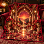 Red Lotus Grand Salon Quilt Blanket with printed optical 3D artwork in its use setting