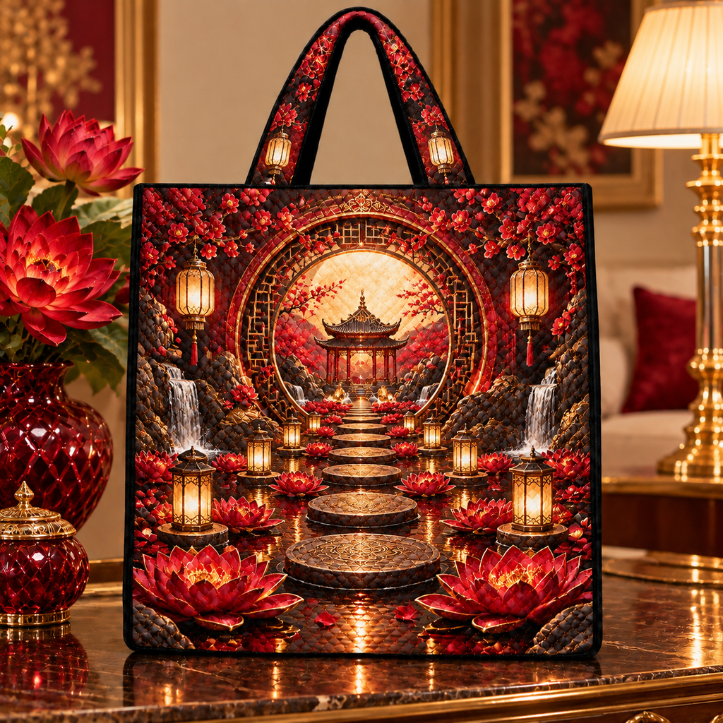 Red Lotus Grand Salon Quilted Tote Bag with printed optical 3D artwork in its use setting