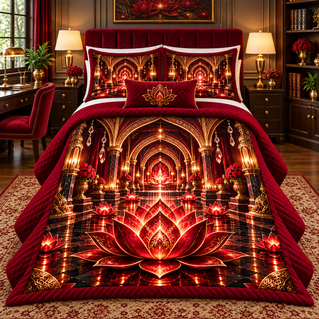Red Lotus Executive Study Quilted Bedding Set with printed optical 3D artwork in its use setting