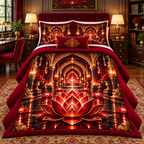 Red Lotus Executive Study Quilted Bedding Set with printed optical 3D artwork in its use setting