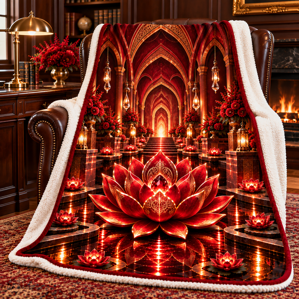Red Lotus Executive Study Sherpa & Fleece Blanket with printed optical 3D artwork in its use setting