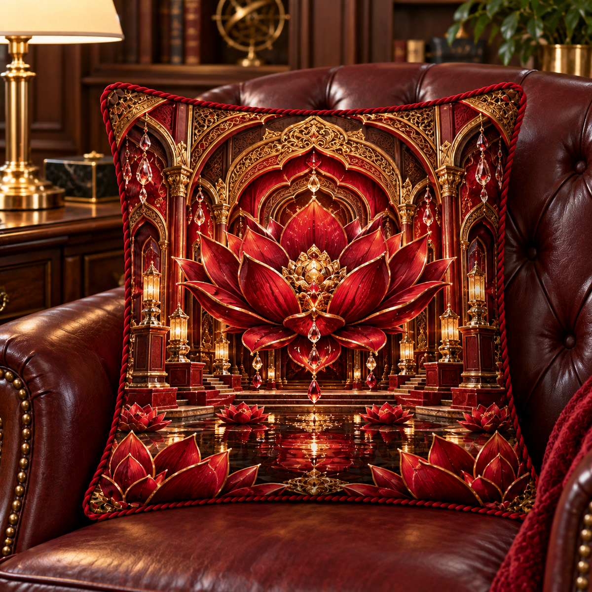 Red Lotus Executive Study Quilted Cushion Cover with printed optical 3D artwork in its use setting
