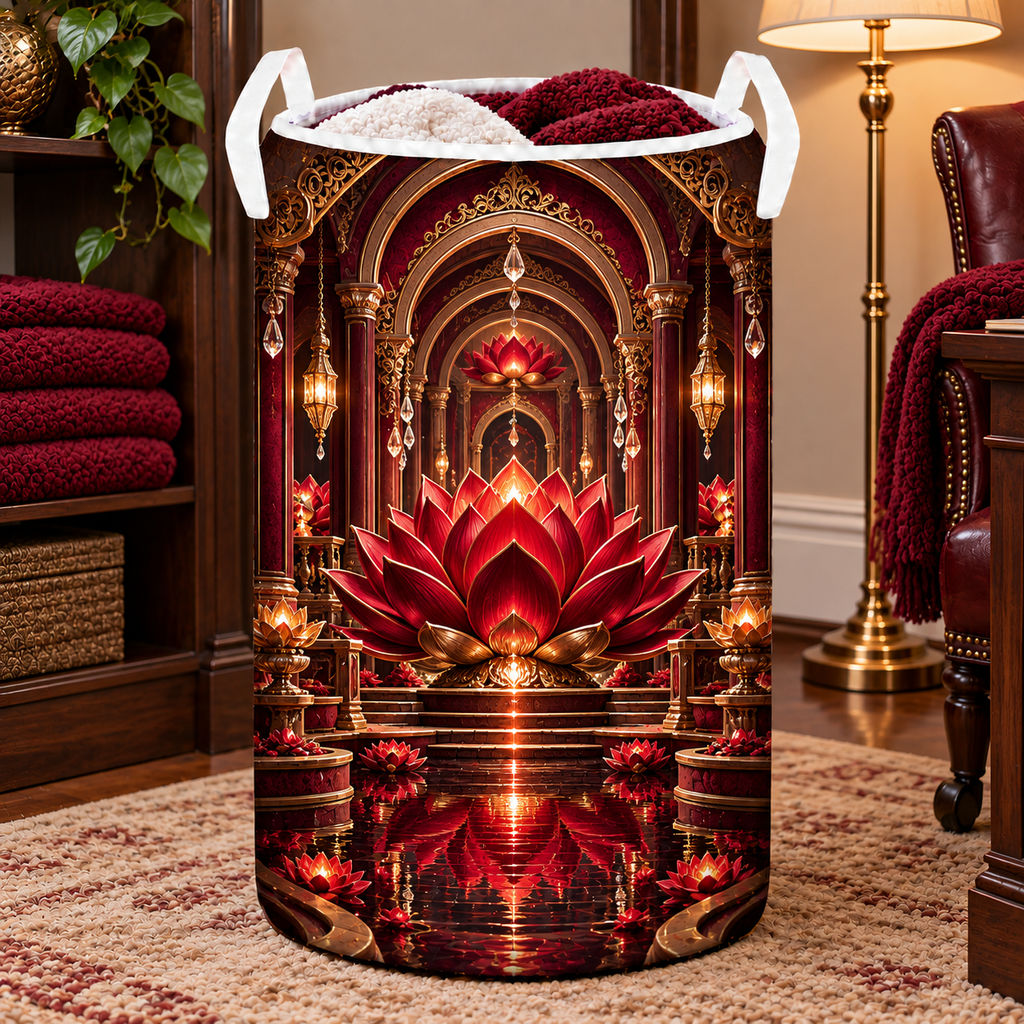 Red Lotus Executive Study Laundry Hamper with printed optical 3D artwork in its use setting