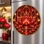 Red Lotus Executive Study Acrylic Refrigerator Magnet with printed optical 3D artwork in its use setting