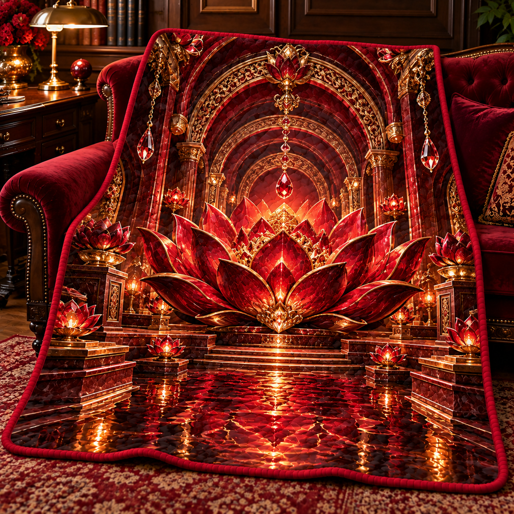 Red Lotus Executive Study Quilt Blanket with printed optical 3D artwork in its use setting