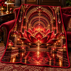 Red Lotus Executive Study Quilt Blanket with printed optical 3D artwork in its use setting