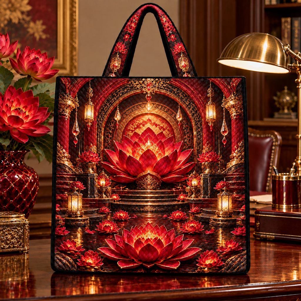 Red Lotus Executive Study Quilted Tote Bag with printed optical 3D artwork in its use setting
