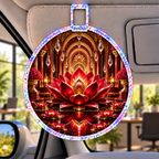 Red Lotus Executive Study Holographic Car Visor Clip with printed optical 3D artwork in its use setting