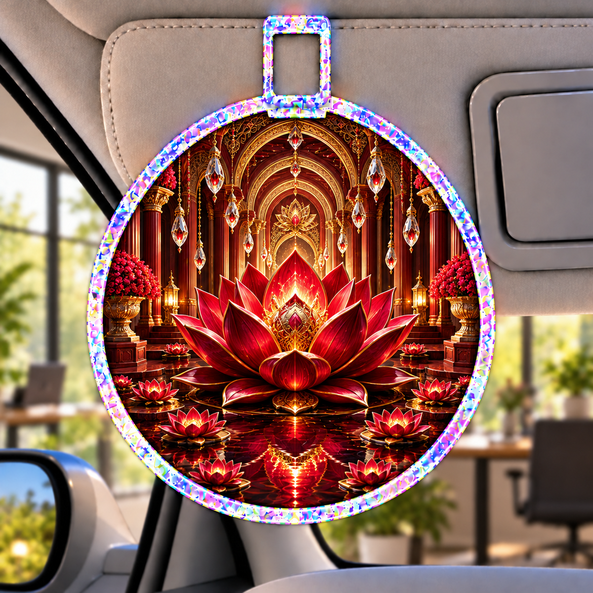 Red Lotus Executive Study Holographic Car Visor Clip with printed optical 3D artwork in its use setting