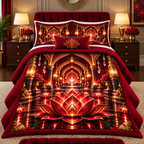 Red Lotus Welcome Atrium Quilted Bedding Set with printed optical 3D artwork in its use setting