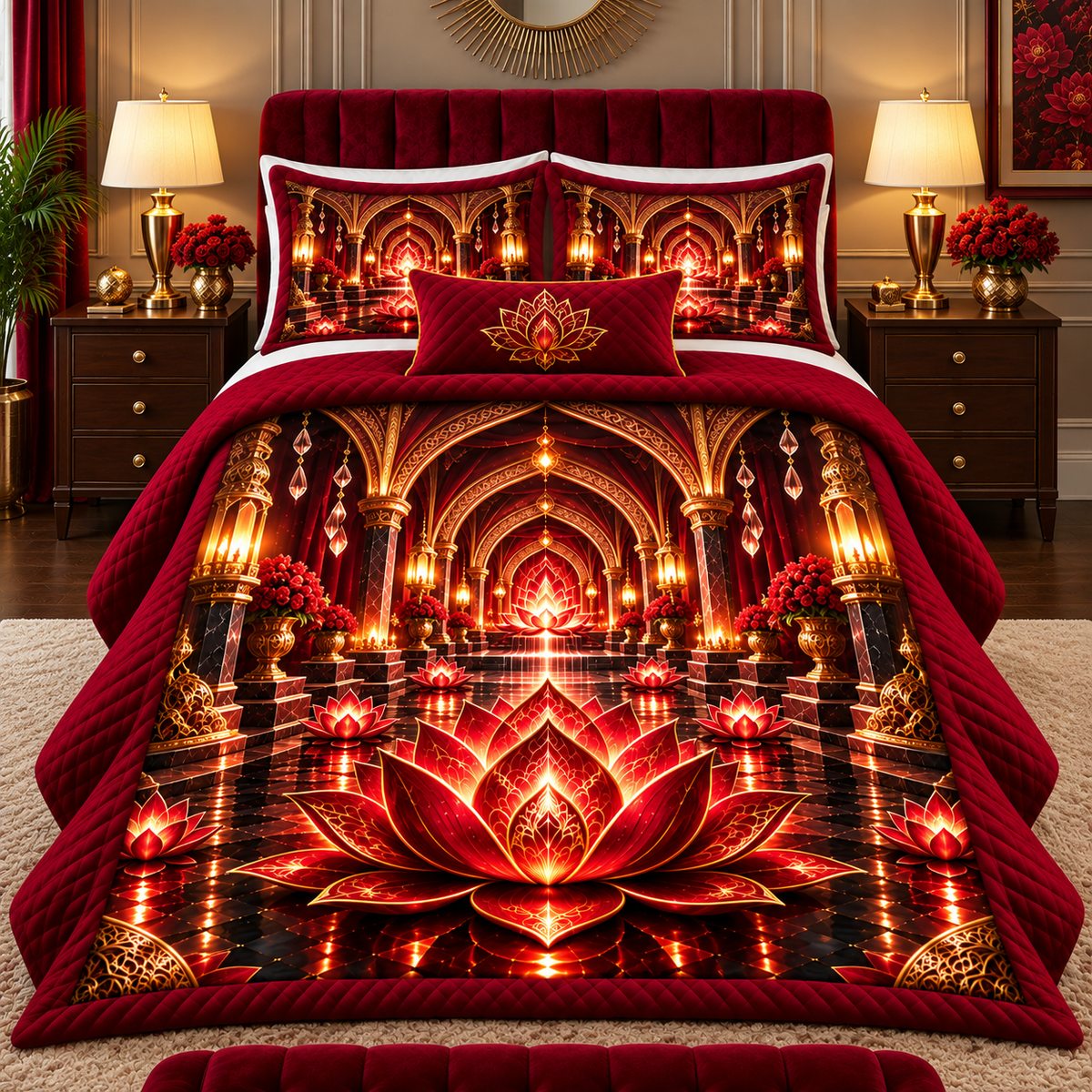 Red Lotus Welcome Atrium Quilted Bedding Set with printed optical 3D artwork in its use setting
