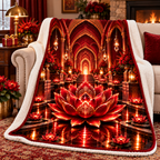 Red Lotus Welcome Atrium Sherpa & Fleece Blanket with printed optical 3D artwork in its use setting