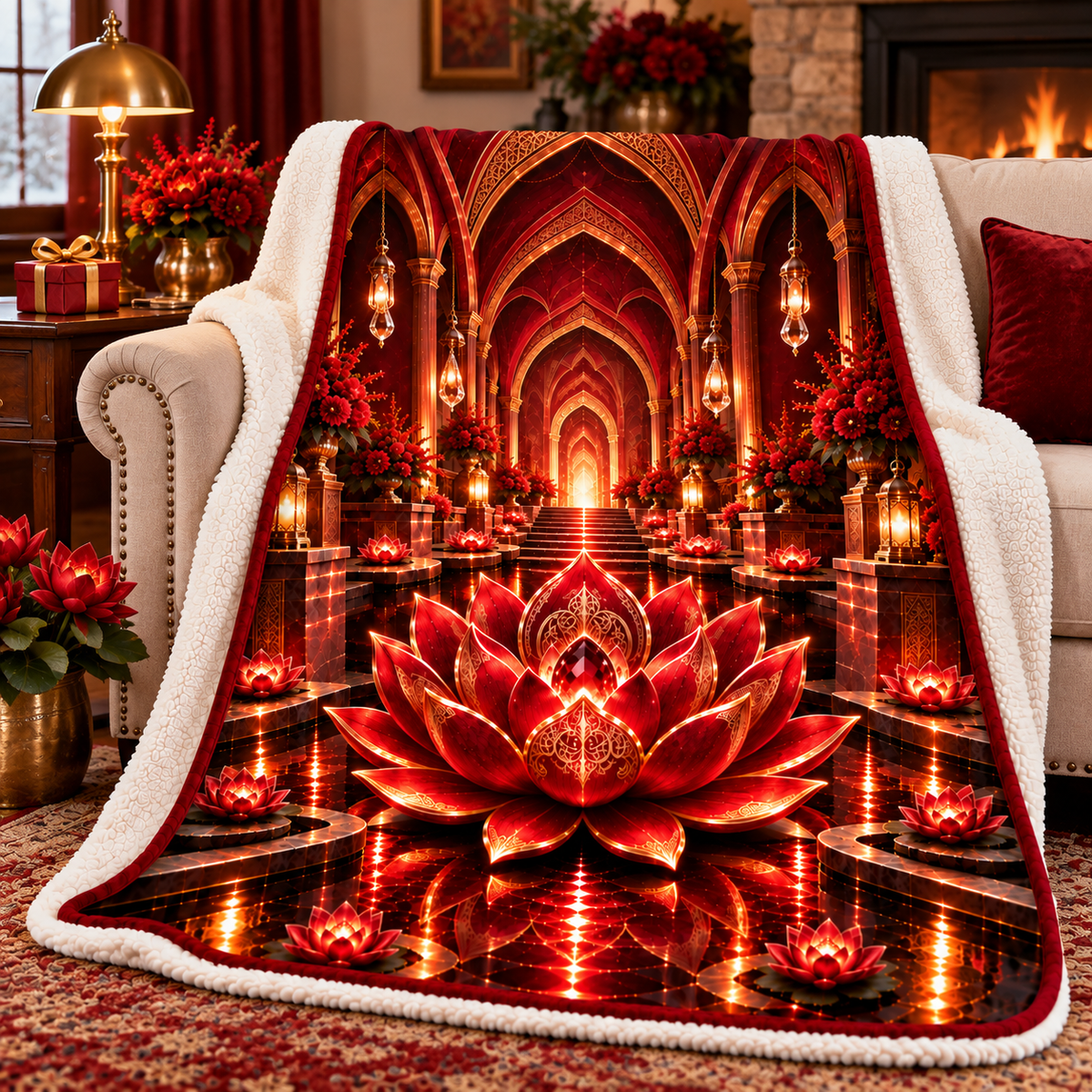 Red Lotus Welcome Atrium Sherpa & Fleece Blanket with printed optical 3D artwork in its use setting