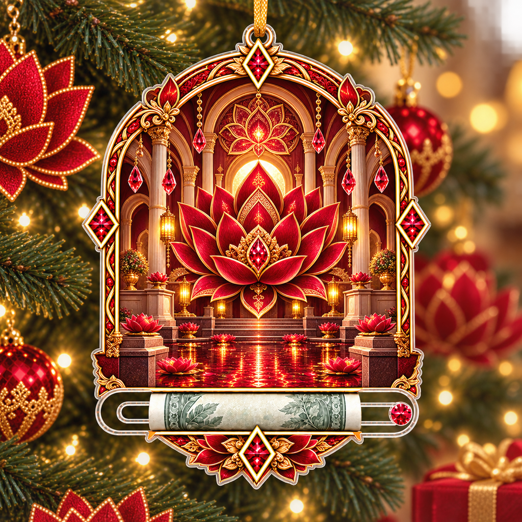 Red Lotus Welcome Atrium Acrylic Cash Holder Ornament with printed optical 3D artwork in its use setting