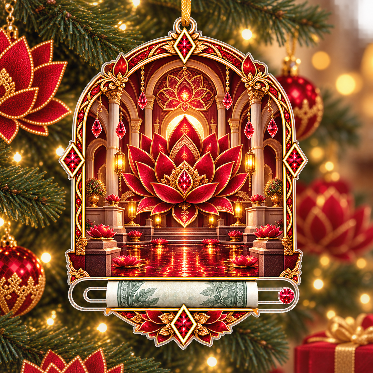 Red Lotus Welcome Atrium Acrylic Cash Holder Ornament with printed optical 3D artwork in its use setting