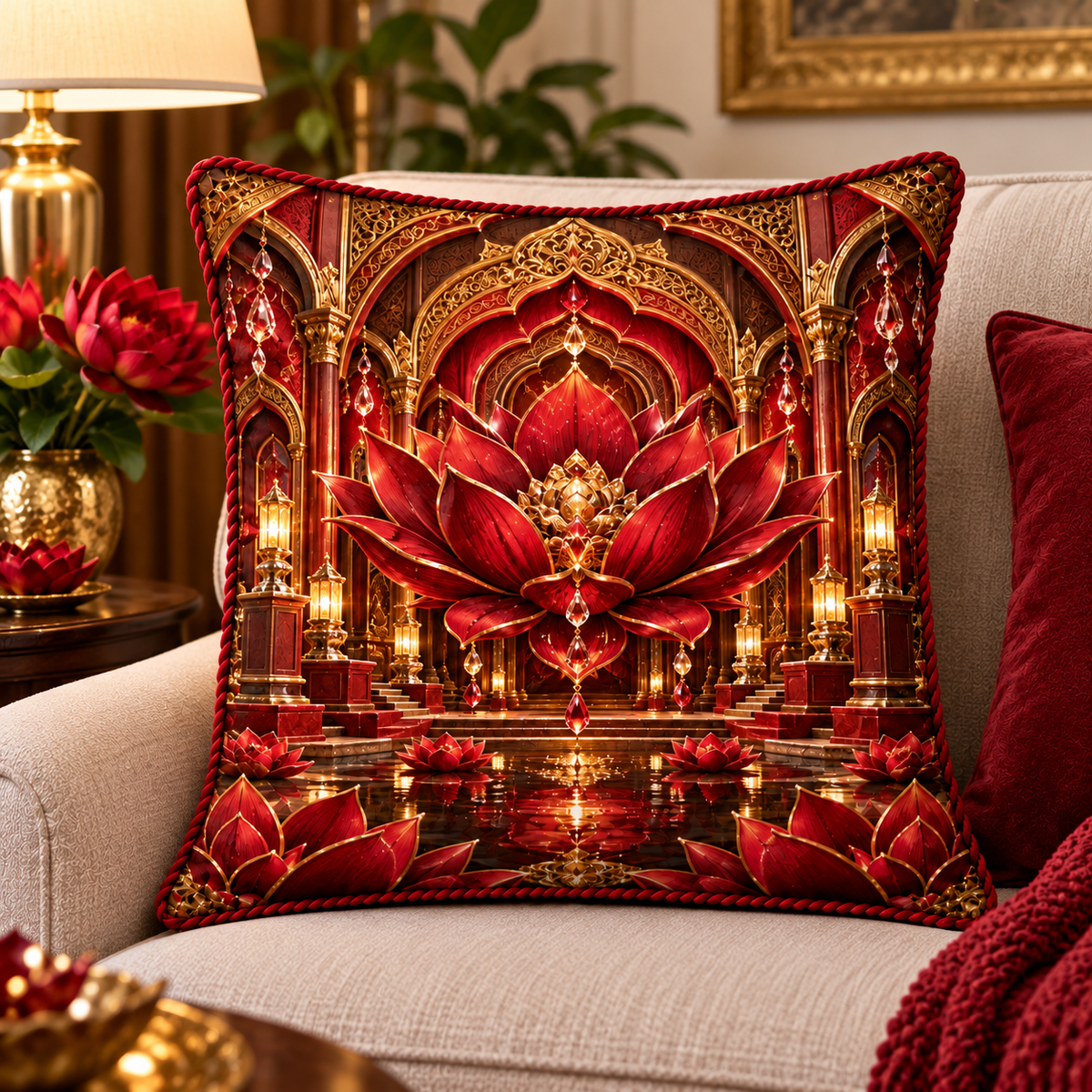Red Lotus Welcome Atrium Quilted Cushion Cover with printed optical 3D artwork in its use setting