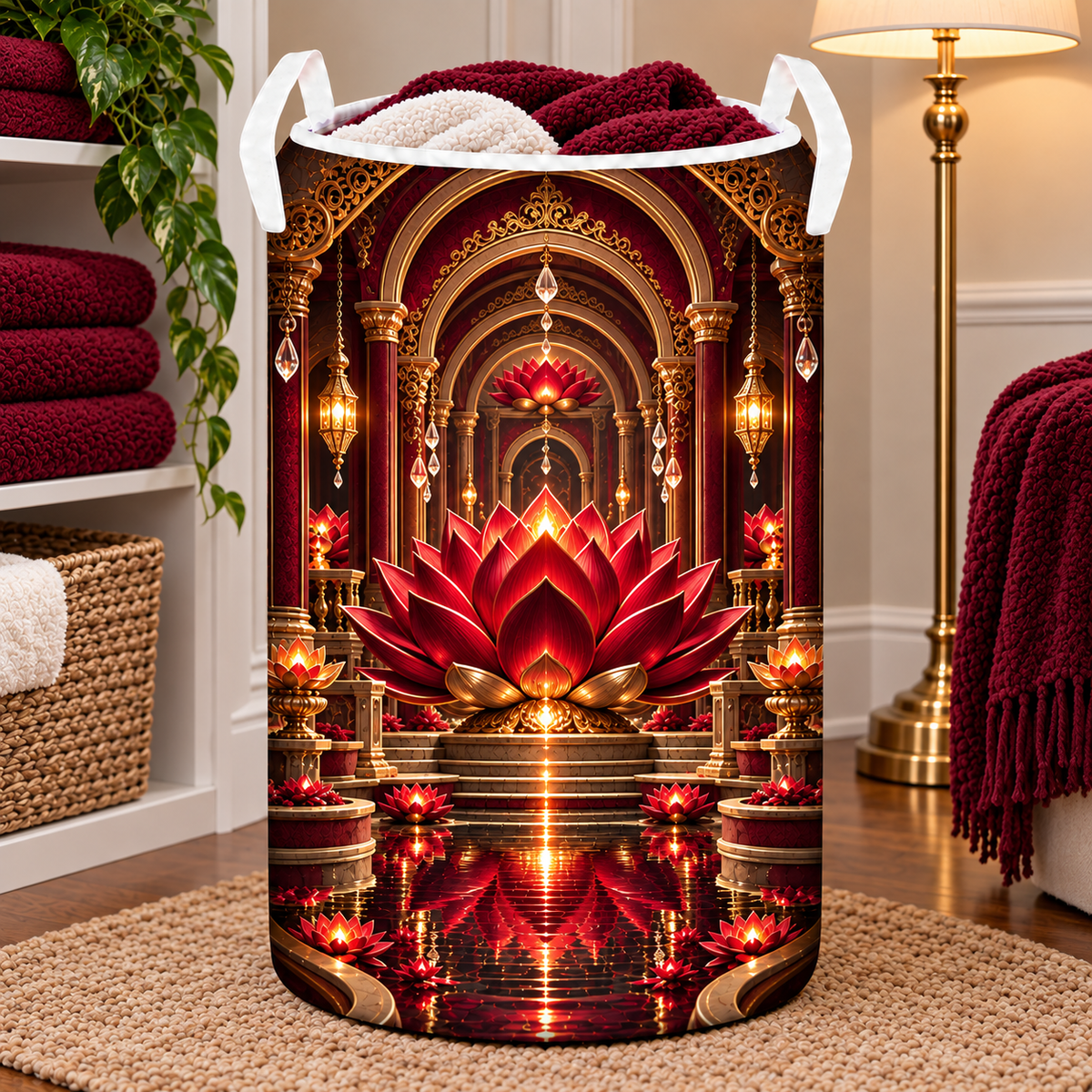 Red Lotus Welcome Atrium Laundry Hamper with printed optical 3D artwork in its use setting