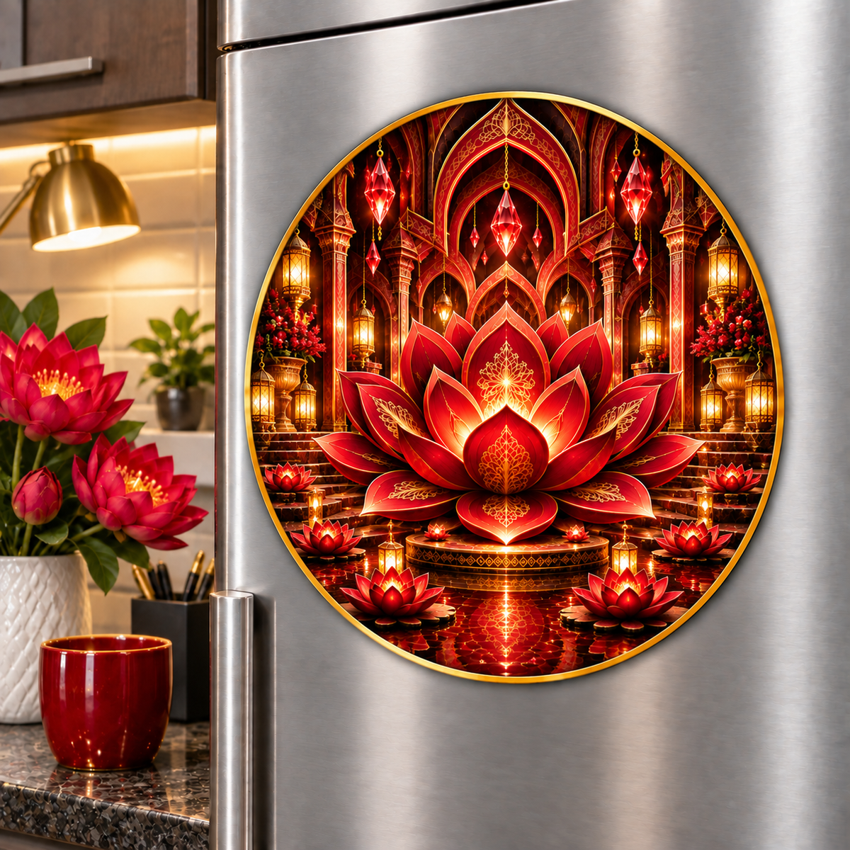 Red Lotus Welcome Atrium Acrylic Refrigerator Magnet with printed optical 3D artwork in its use setting