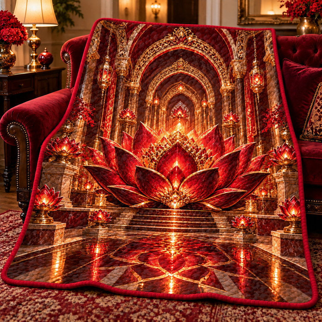 Red Lotus Welcome Atrium Quilt Blanket with printed optical 3D artwork in its use setting