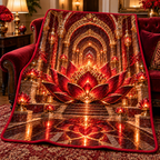 Red Lotus Welcome Atrium Quilt Blanket with printed optical 3D artwork in its use setting